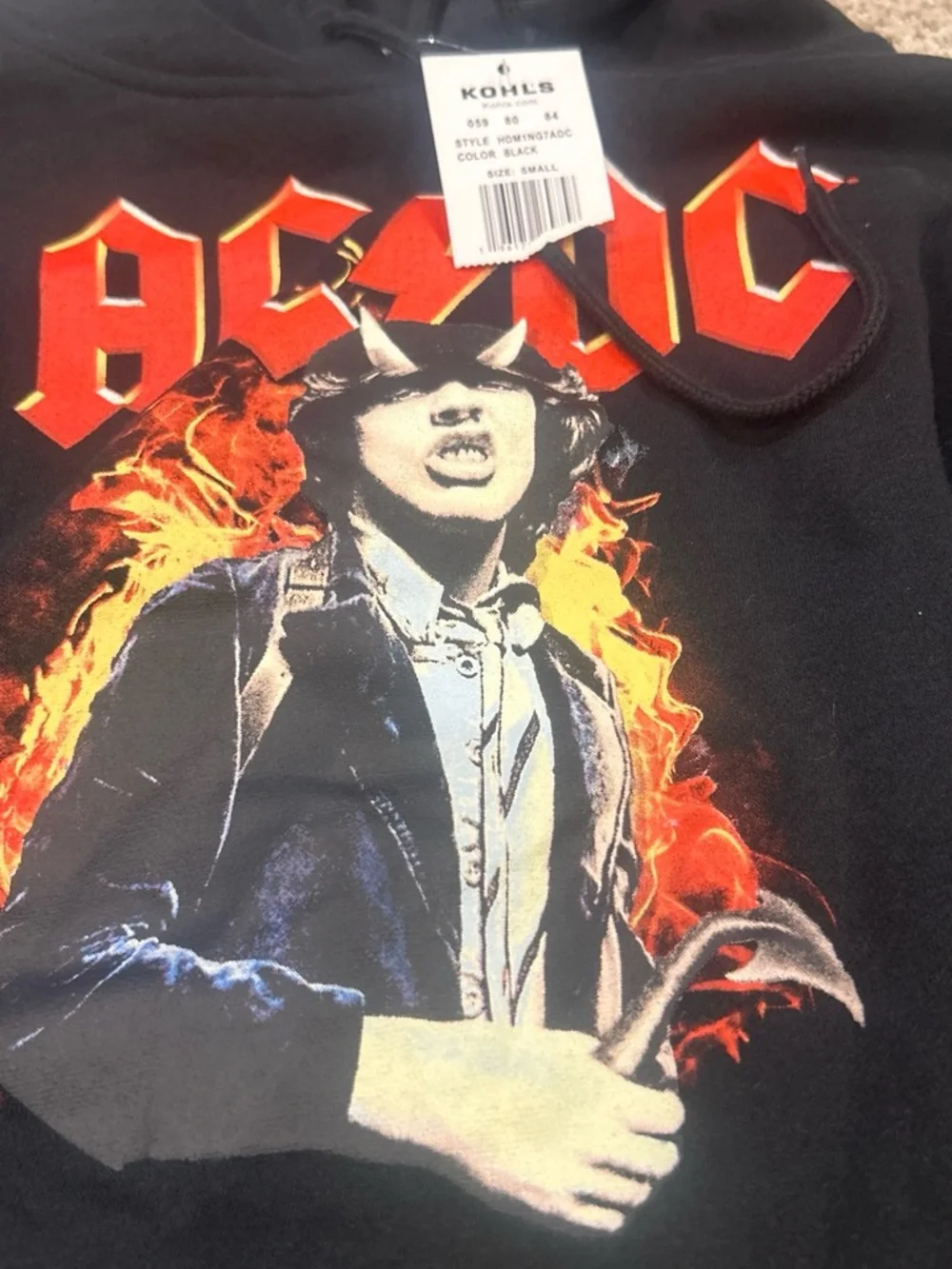AC/DC Black Hoodie with Red and Orange Flame Graphic